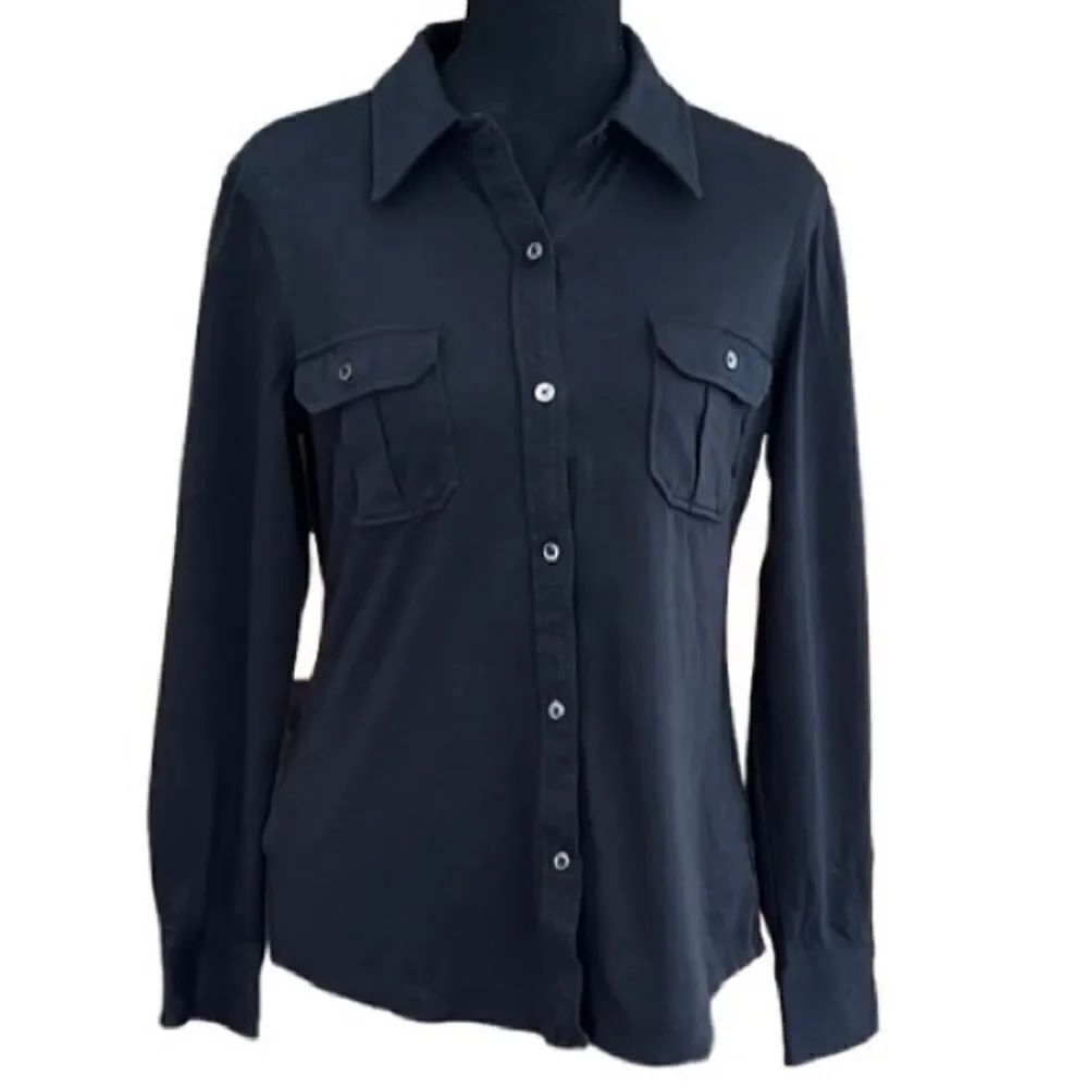 LL Bean 100% cotton black long sleeved button front shirt, size S.